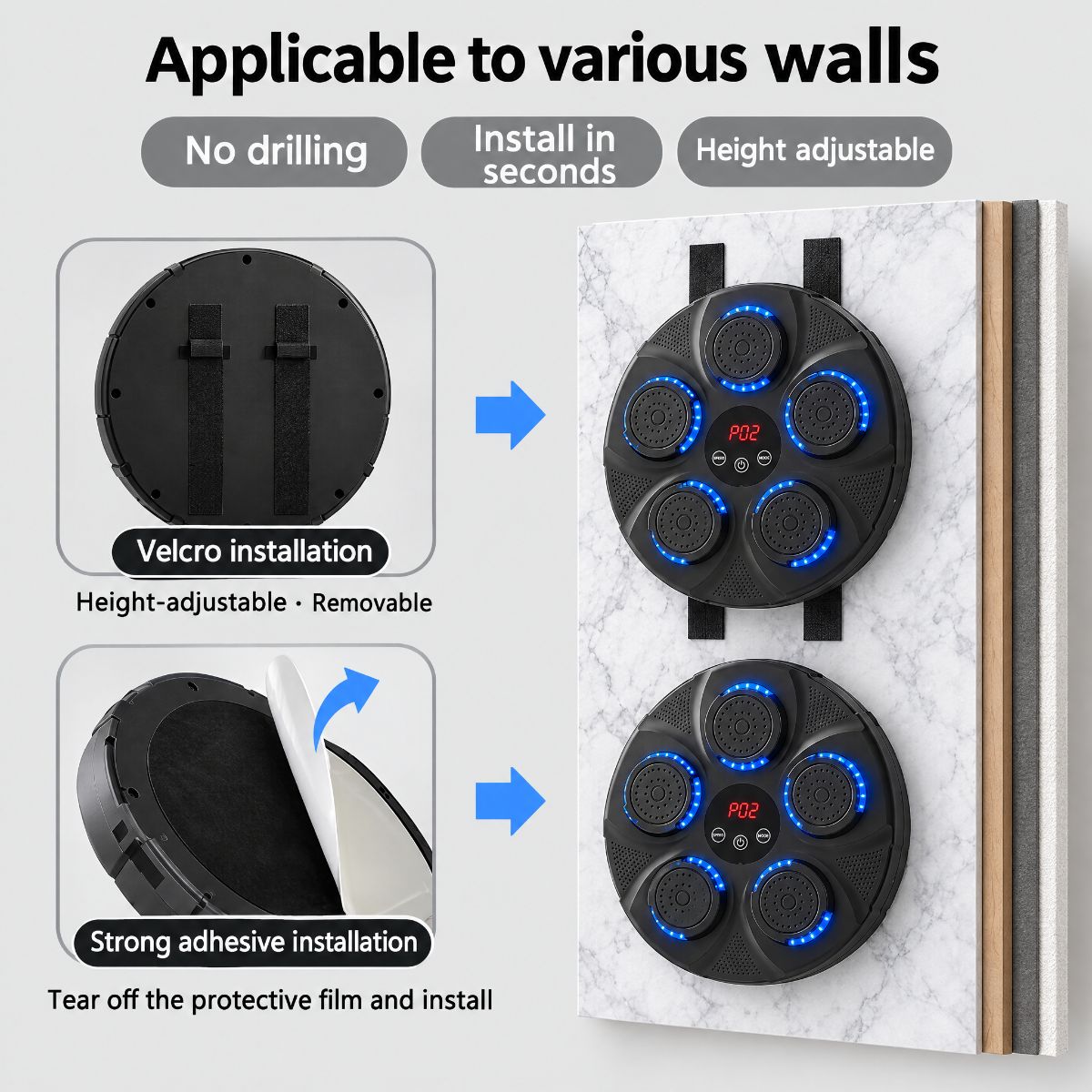 Installs on various walls without drilling